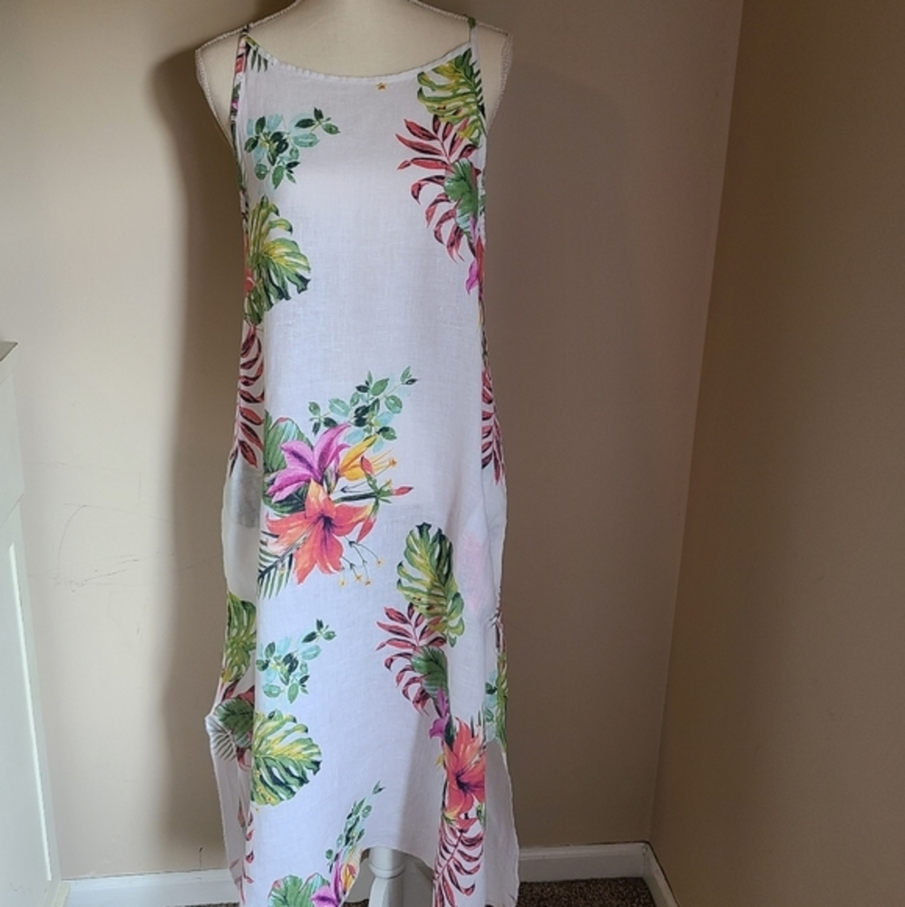 Lungo L’arno 100% Linen Floral Palms Maxi‎ Dress/Coverup Size Small